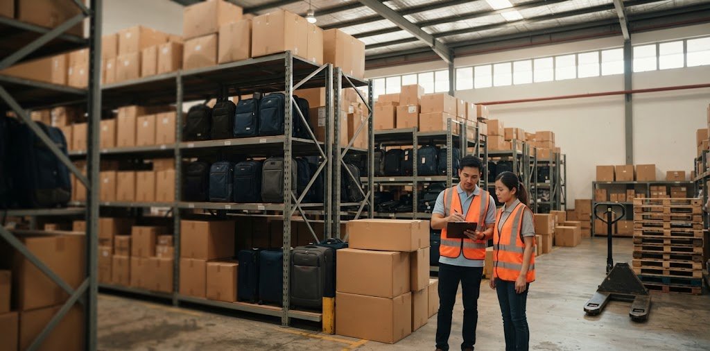 Wholesale warehouse in Singapore stacked with bags and luggage