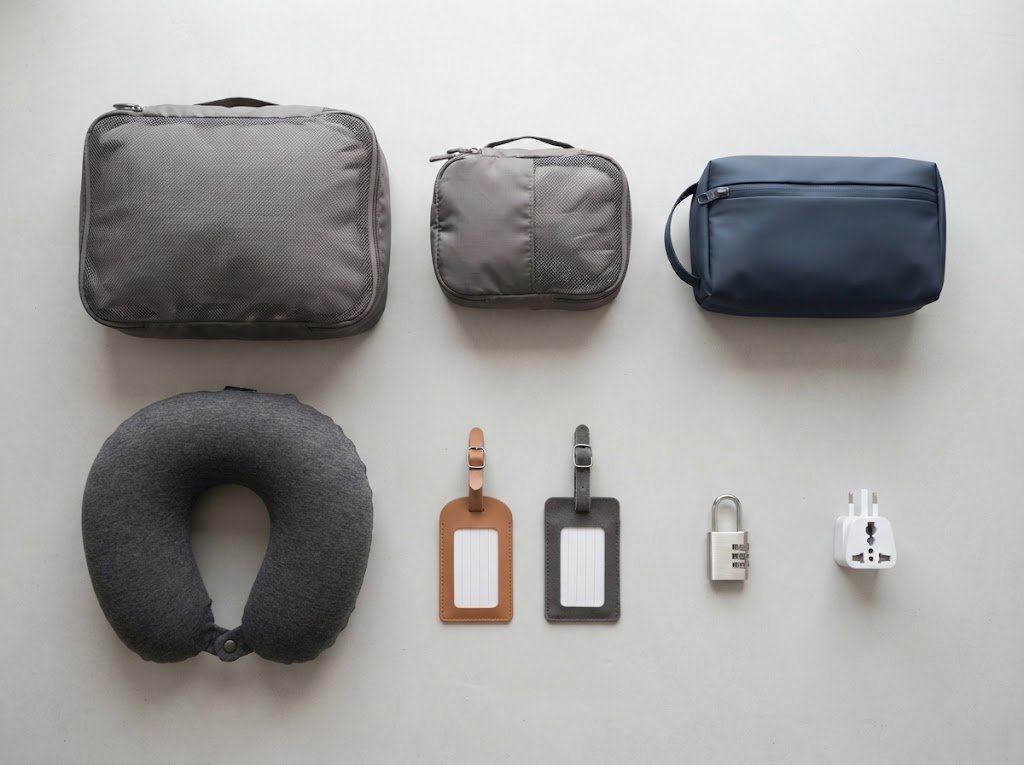 Travel accessories flat lay